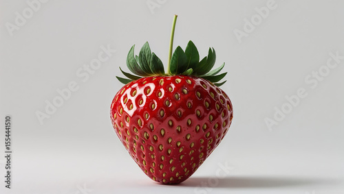 Fresh ripe strawberry standing on white background with green leaves