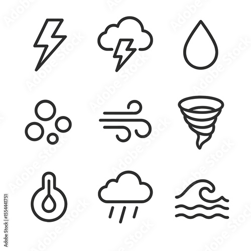 Storm Phenomena Icon Set. Outline icon set of storm phenomena: thunder bolt, lightning strike, heavy raindrop, hailstone cluster,