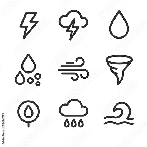 Storm Phenomena Icon Set. Outline icon set of storm phenomena: thunder bolt, lightning strike, heavy raindrop, hailstone cluster,