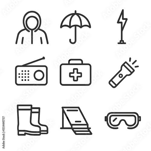 Storm Safety Icons. Outline icon set of storm safety gear: raincoat hood, waterproof umbrella, lightning rod, weather radio, first