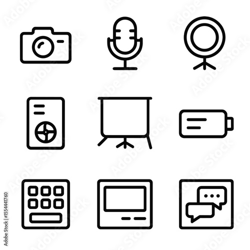 Streaming Setup Icons. Outline icon set of streaming setup: camera, microphone, ring light, streaming PC, green screen, capture