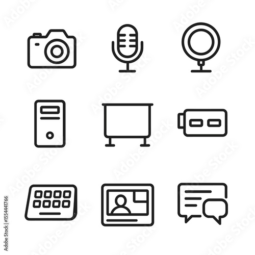 Streaming Setup Icons. Outline icon set of streaming setup: camera, microphone, ring light, streaming PC, green screen, capture