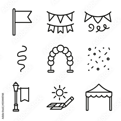 Street Decoration Icons. Outline icon set of street decorations: banner flag, pennant string, bunting, streamer swirl, balloon
