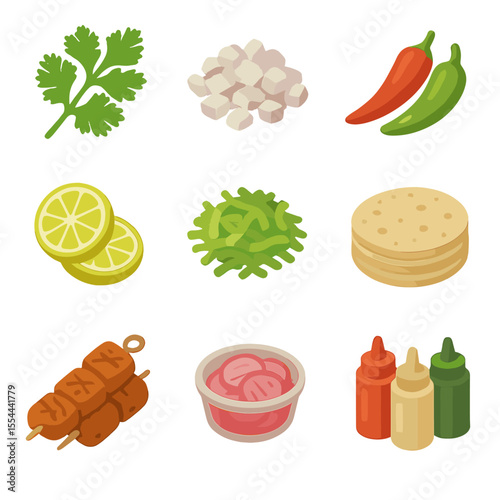 Street Food Ingredients Icons. Isometric Flat icon set of street food ingredients: fresh cilantro, chopped onions, chili peppers,