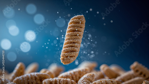 Crunchy snack falling onto a pile with powdered sugar and bokeh effect