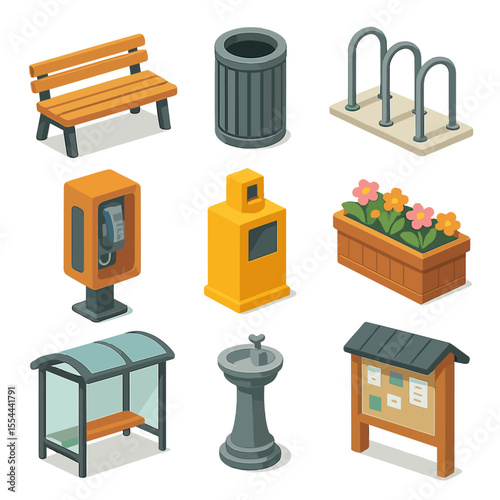Isometric Street Furniture Icons. Isometric Flat icon set of street furniture: bench, trash can, bike rack, public phone booth,
