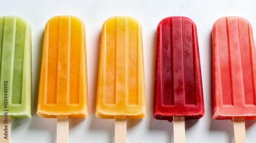 Assortment of vibrant frozen fruit popsicles lined up in a row on a clean white surface, creating a colorful summer treat display with wooden sticks and textured surfaces.
