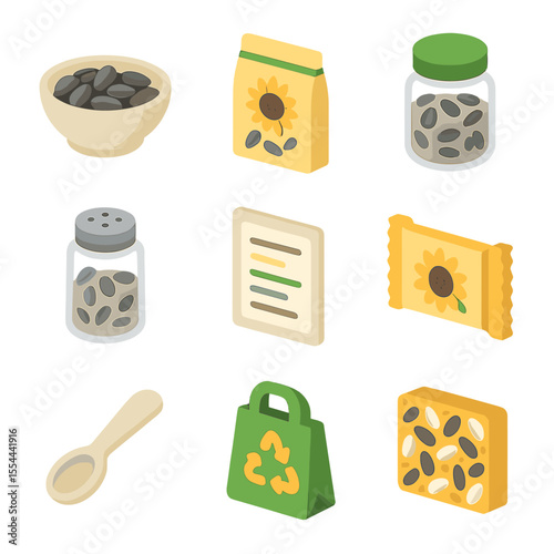 Sunflower Snack Icons. Isometric Flat icon set of sunflower snack products: roasted seeds bowl, seed packet, flavored seeds jar,