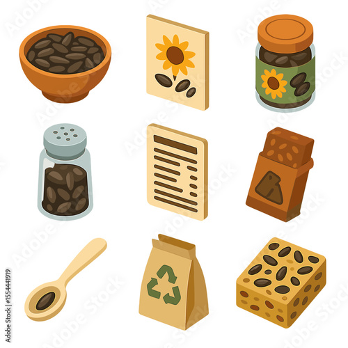 Sunflower Snack Icons. Isometric Flat icon set of sunflower snack products: roasted seeds bowl, seed packet, flavored seeds jar,