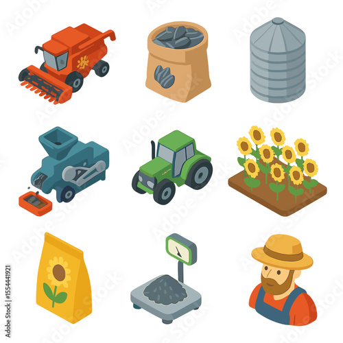 Sunflower Harvest Icons. Isometric Flat icon set of sunflower seed harvest: combine harvester, seed bag, storage silo, seed