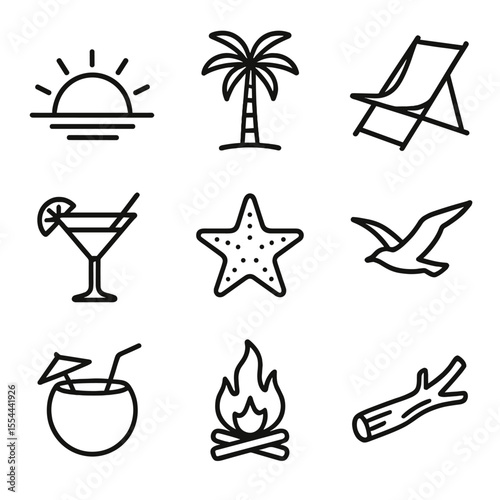 Sunset Beach Icons. Outline icon set of Sunset Beach Paradise: setting sun, palm silhouette, beach chair, cocktail glass, starfish