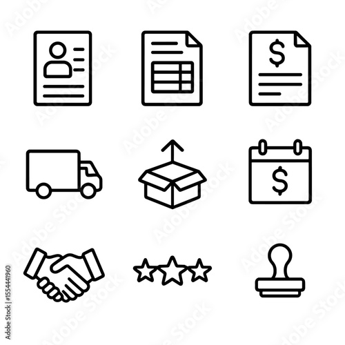 Supplier Icon Set. Outline icon set of supplier and purchase orders: supplier list, purchase order form, invoice document,