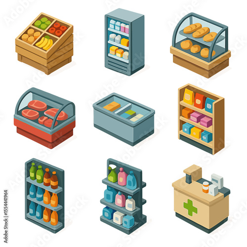 Supermarket Icon Set. Isometric Flat icon set of supermarket sections: produce aisle, dairy fridge, bakery counter, meat section,
