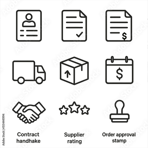 Supplier Icon Set. Outline icon set of supplier and purchase orders: supplier list, purchase order form, invoice document,