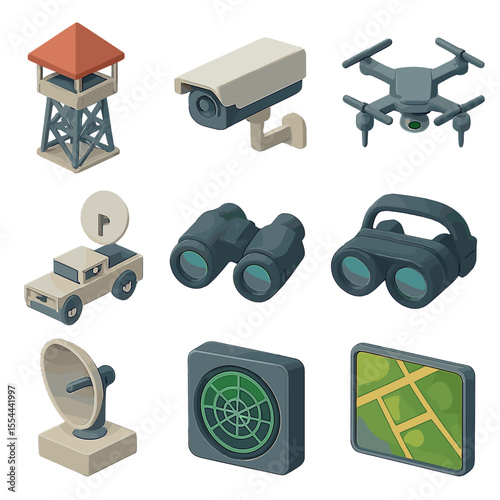 Surveillance Icon Grid. Isometric Flat icon set of surveillance and reconnaissance: observation tower, CCTV camera, drone,