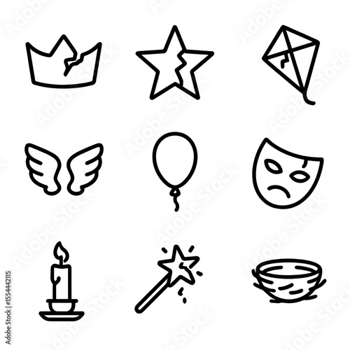 Symbolic Broken Dreams Icons. Outline icon set of Broken Dreams: cracked crown, shattered star, torn kite, broken wings, deflated