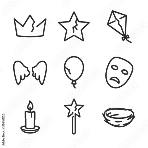 Symbolic Broken Dreams Icons. Outline icon set of Broken Dreams: cracked crown, shattered star, torn kite, broken wings, deflated