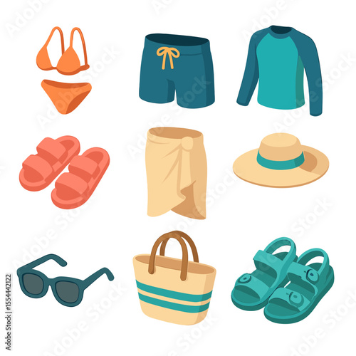 Swimwear Icon Collection. Isometric Flat icon set of Swimwear and Pool Attire: bikini, swim trunks, rash guard, pool sandals,