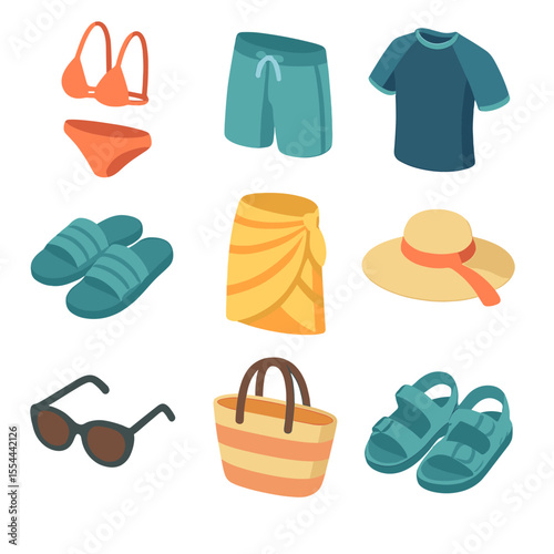 Swimwear Icon Collection. Isometric Flat icon set of Swimwear and Pool Attire: bikini, swim trunks, rash guard, pool sandals,