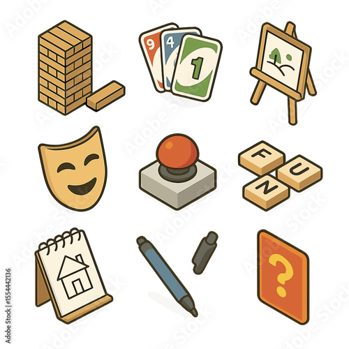 Tabletop Game Icons. Isometric Flat icon set of tabletop party games: Jenga tower, UNO cards, Pictionary easel, charades mask,