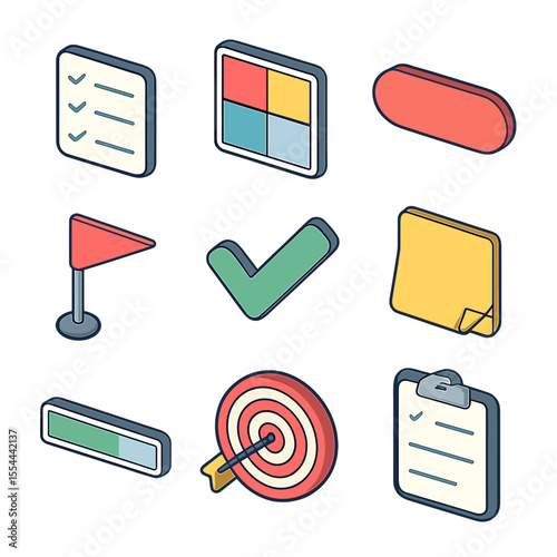 Task Prioritization Icons. Isometric Flat icon set of Task Prioritization Methods: to-do list, priority matrix, urgency label,