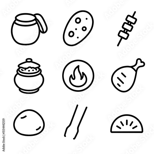 Tandoori Cooking Icons. Outline icon set of tandoori clay oven cooking: tandoor oven opening, naan bread, skewered kebab, clay pot