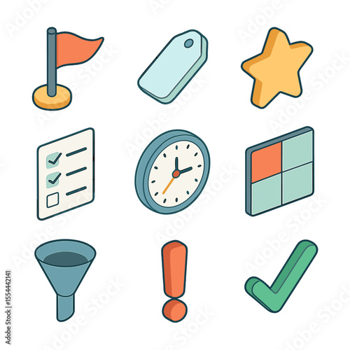 Task Priority Icon Set. Isometric Flat icon set of task prioritization boundaries: high-priority flag, low-priority tag, to-do
