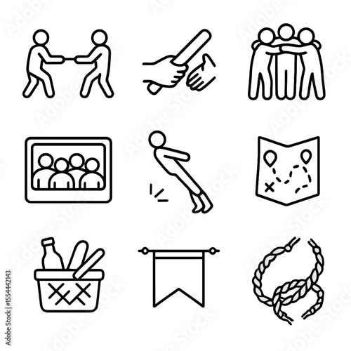 Team Building Icons. Outline icon set of team bonding and group activities: tug-of-war rope, relay baton, team huddle, group photo