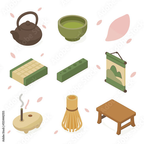 Tea Ceremony Icons. Isometric Flat icon set of tea ceremony with falling petals: teapot, tea bowl, falling cherry blossom petal,