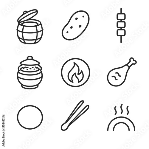 Tandoori Cooking Icons. Outline icon set of tandoori clay oven cooking: tandoor oven opening, naan bread, skewered kebab, clay pot