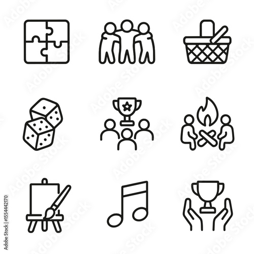 Team-Building Icons. Outline icon set of team-building and group rewards: puzzle pieces, team huddle, picnic basket, board game