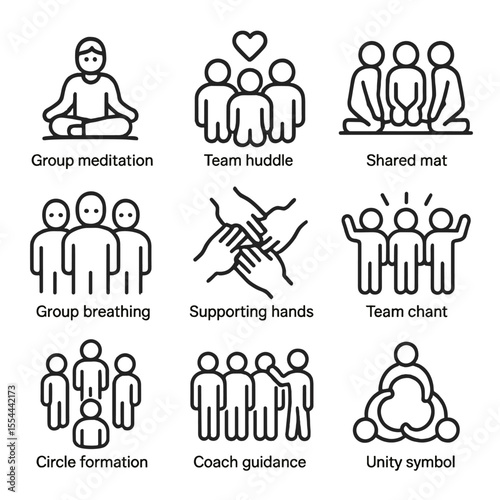 Team Mindfulness Icons. Outline icon set of team mindfulness practices: group meditation, team huddle with heart, shared mat,