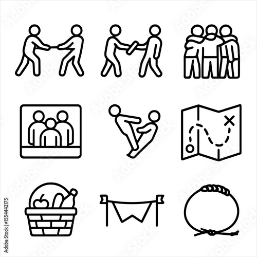Team Building Icons. Outline icon set of team bonding and group activities: tug-of-war rope, relay baton, team huddle, group photo