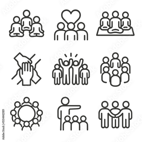 Team Mindfulness Icons. Outline icon set of team mindfulness practices: group meditation, team huddle with heart, shared mat,