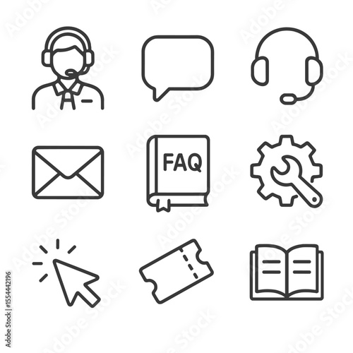 Technical Support Icons. Outline icon set of technical support resources: help desk icon, chat bubble, telephone headset, email