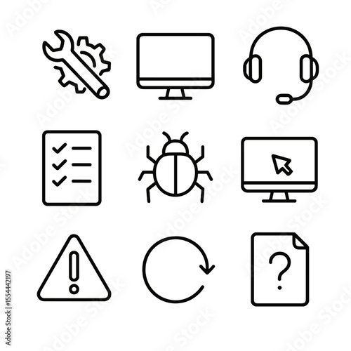 Technical Support Icons. Outline icon set of technical support helpline: wrench and gear, computer monitor, phone headset,