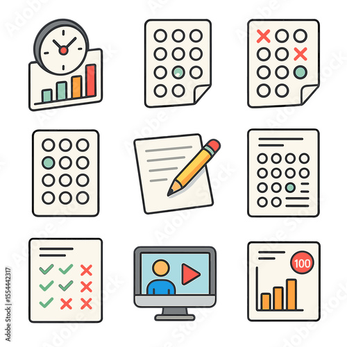 Test-Taking Icons Grid. Isometric Flat icon set of test-taking strategies: time management chart, multiple-choice sheet,