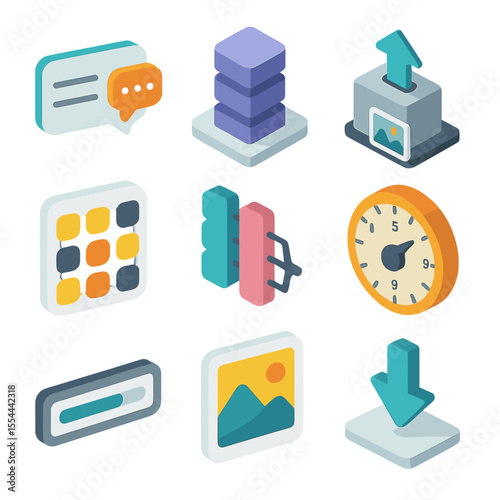 Text-to-Image Pipeline Icons. Isometric Flat icon set of Text-to-Image Pipelines: prompt input box, text encoder, image decoder,