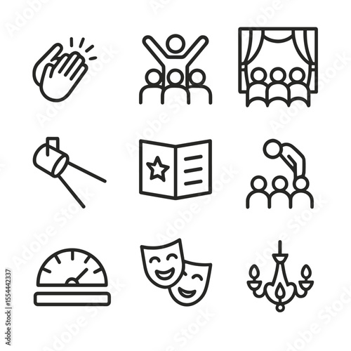 Theater Icon Set. Outline icon set of theater audience ovation: clapping hands, standing ovation silhouette, curtain call icon,