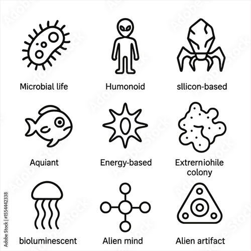 Theoretical Alien Life Icons. Outline icon set of Theoretical Alien Life Forms: microbial life icon, humanoid silhouette,
