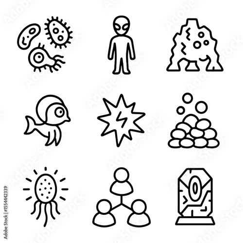 Theoretical Alien Life Icons. Outline icon set of Theoretical Alien Life Forms: microbial life icon, humanoid silhouette,