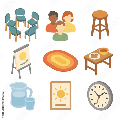 Therapy Session Icons. Isometric Flat icon set of group therapy session: circle of chairs, group of avatars, facilitator’s stool,