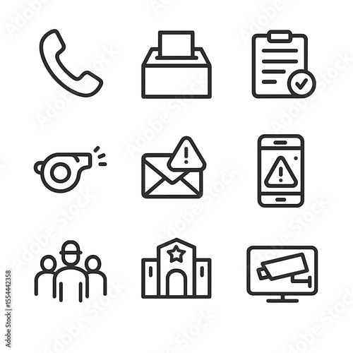 Threat Reporting Icons. Outline icon set of Threat Reporting Methods: hotline phone receiver, anonymous tip box, report form