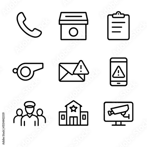 Threat Reporting Icons. Outline icon set of Threat Reporting Methods: hotline phone receiver, anonymous tip box, report form