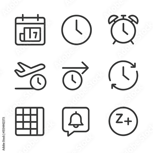 Time Management Icons. Outline icon set of Scheduling and Time Management: calendar with date, clock face, alarm clock, departure