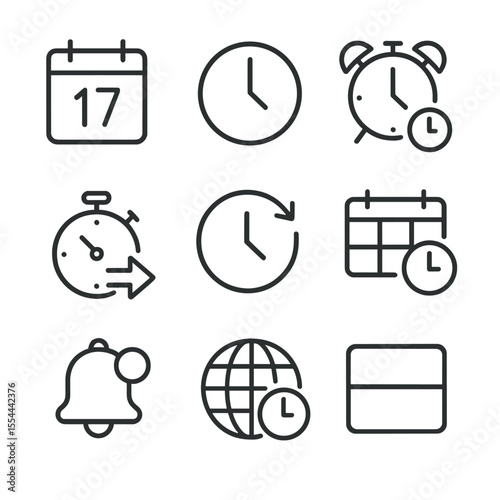 Time Management Icons. Outline icon set of Scheduling and Time Management: calendar with date, clock face, alarm clock, departure