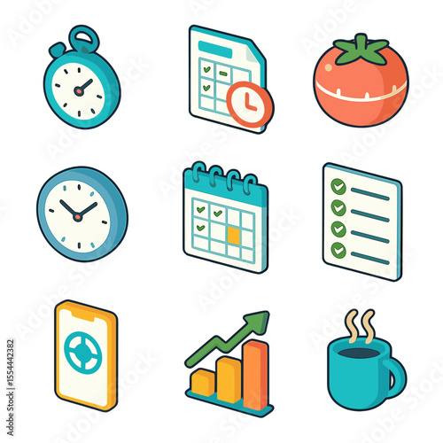 Time Tracking Icons. Isometric Flat icon set of time tracking and productivity: stopwatch, timesheet sheet, Pomodoro timer, clock