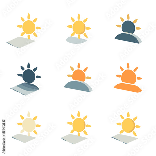 Time-of-Day Shadows. Isometric Flat icon set of time-of-day shadow variations: long morning shadow, noon minimal shadow, afternoon