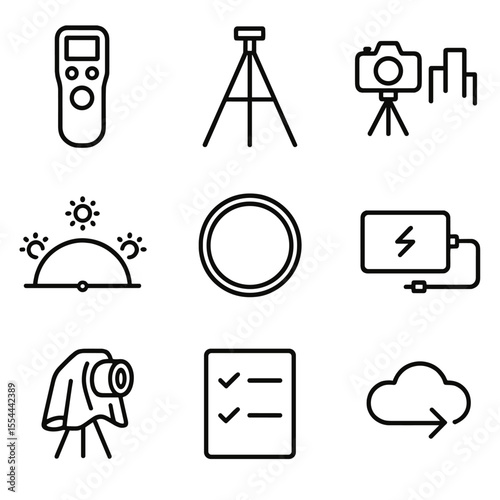 Time-Lapse Icon Set. Outline icon set of time-lapse photography setups: intervalometer, sturdy tripod, camera facing skyline, sun