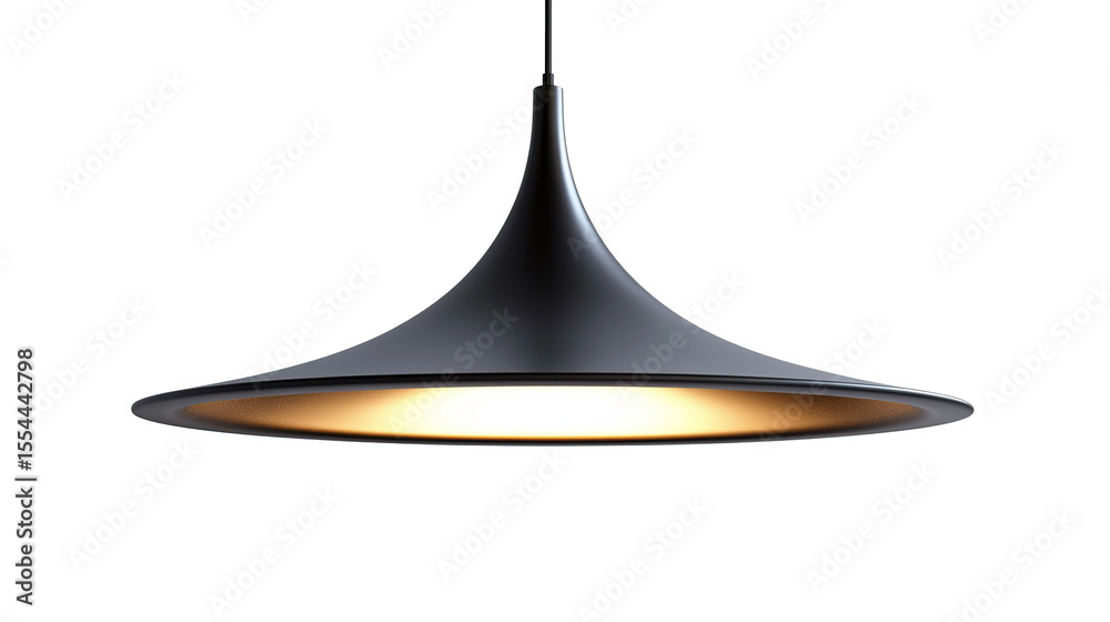 Fototapeta premium Modern elegant black pendant lampshade with warm yellow light isolated on transparent background. PNG